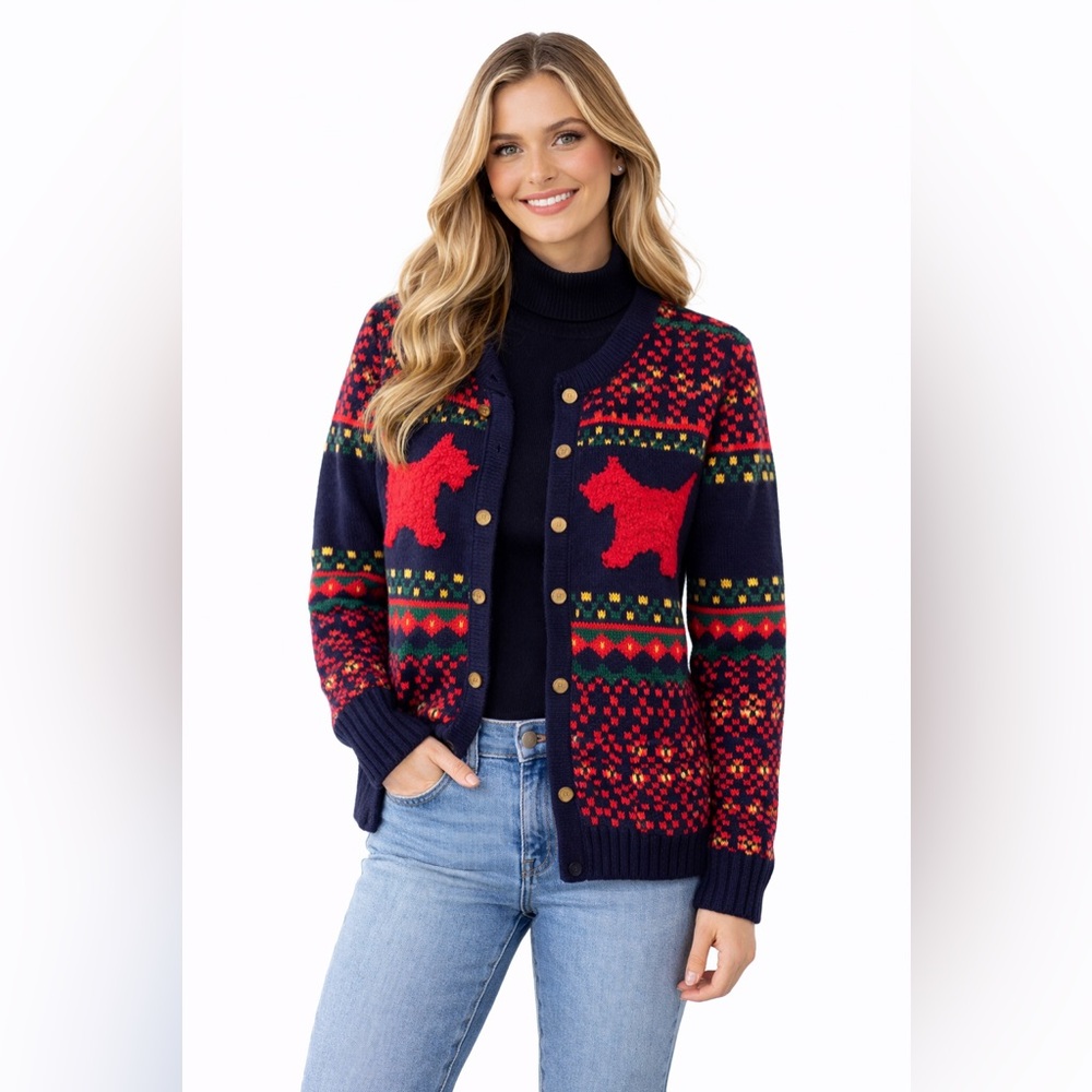 Vintage Tally Ho Scottie Dog Hand Knit Cardigan Sweater Small Fair Isle